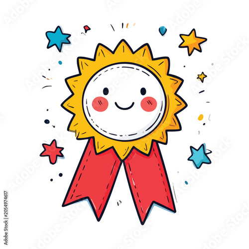 Cute cartoon golden award medal with a happy smiling face and red ribbons.