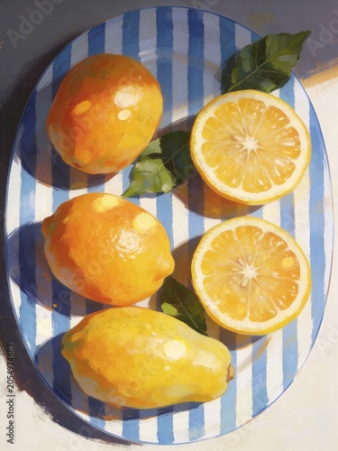 Artistic Still Life Oil Painting of Fresh Yellow Lemons and Sliced Citrus with Green Leaves on a Blue and White Striped Ceramic Plate in Bright Sunlight
