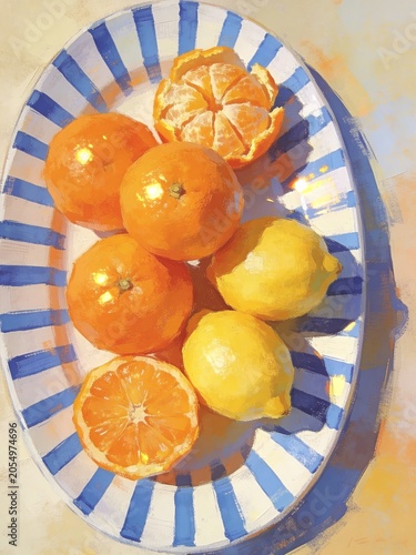 Still Life Oil Painting of Fresh Oranges and Lemons on a Blue and White Striped Ceramic Plate, Vibrant Impressionist Style Art for Home Decor
