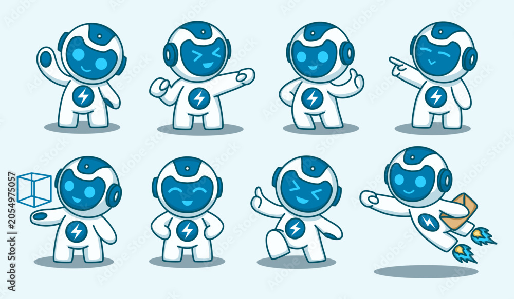 Fototapeta premium Cute Blue Robot Mascot Character Set with Various Poses and Expressions Vector Illustration