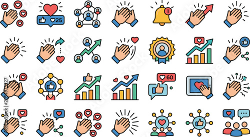Cuadro en lienzo Social media engagement and business appreciation vector icon set featuring clap