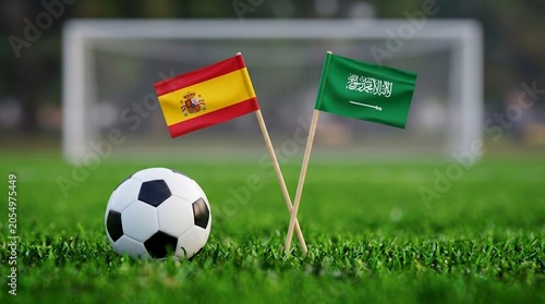 Two national flags, Spain and Saudi Arabia, with a football on a grassy field