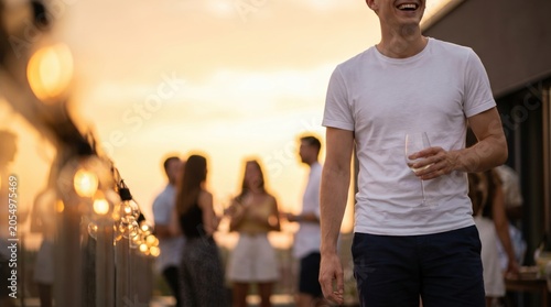Smiling man enjoying a rooftop party with friends at sunset.