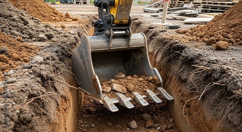 Excavator digging deep trench in soil for foundation work on construction site