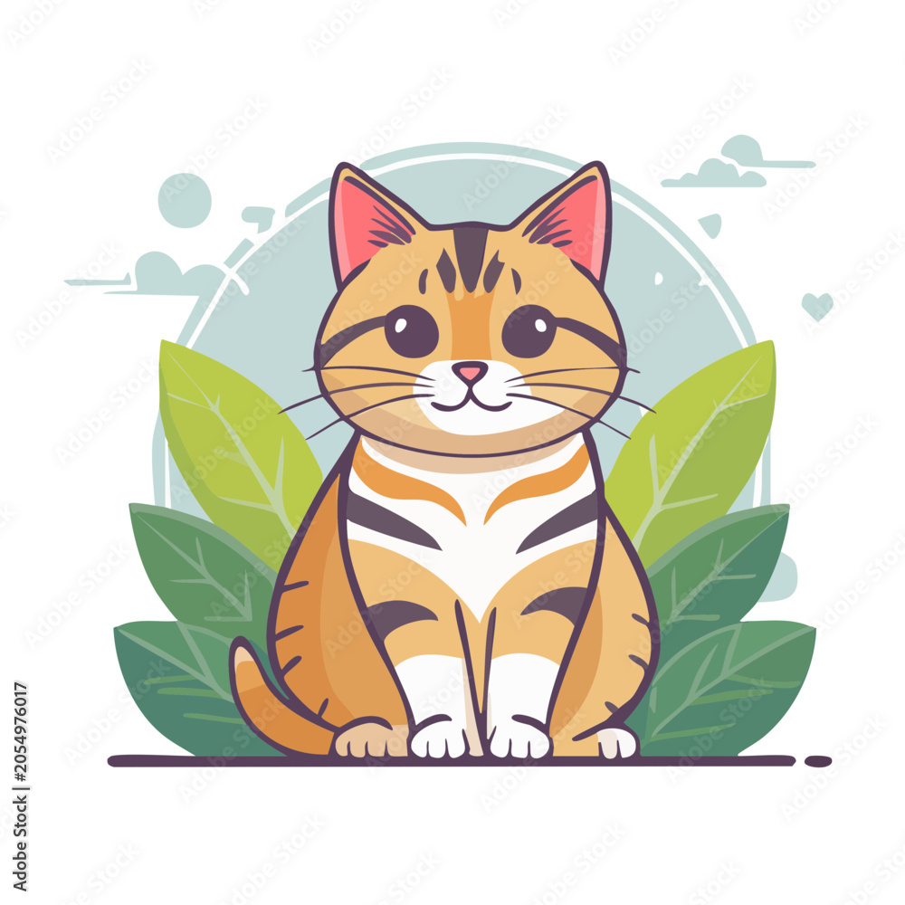 Fototapeta premium Cute cartoon cat illustration with leaves