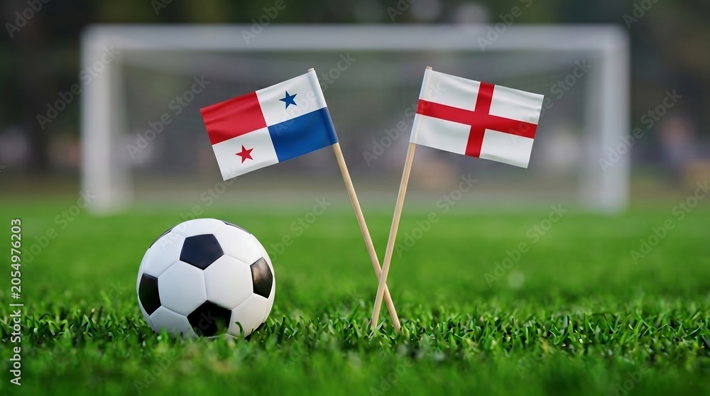 Fototapeta premium Football match between Panama and England flags on a grassy field with goal in background