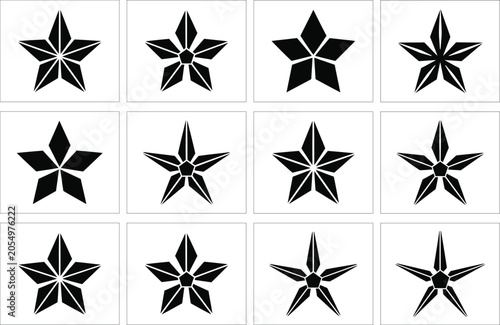 Black and white geometric star patterns on a grid, style