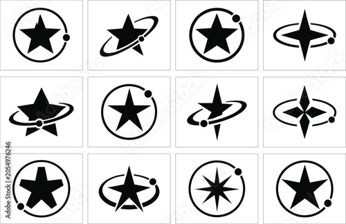 Black and white geometric star shapes in circular frames, minimalist