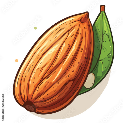 Stylized Illustration of a Single Almond Nut with a Green Leaf.