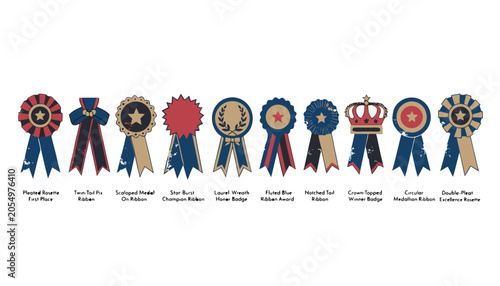 Award Ribbon Badge Row Flat Vector Illustration Vintage Document Stamps and Badges Set with Pleated Rosette First Place Ribbon Laurel Wreath Honor and Crown Winner Medallion Isolated Collection for Ma