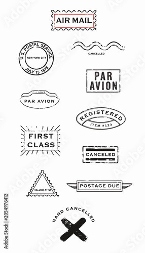 Vertical Stack of Vintage Postal Stamps and Postmarks Flat Vector Illustration Set with Air Mail Par Avion First Class and Postage Due Cancellation Marks Isolated Collection for Marketing Packaging an