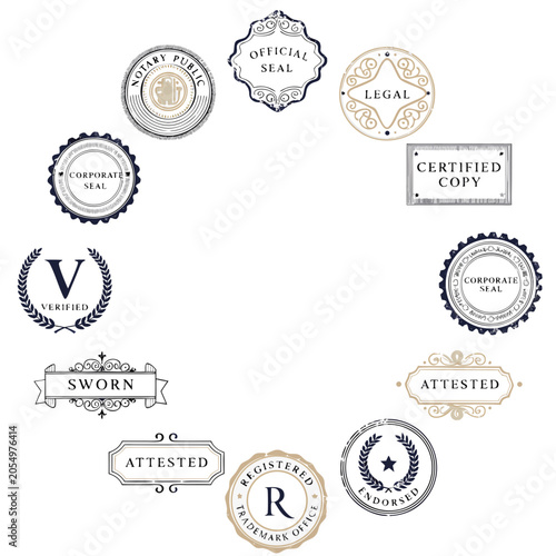 Notary Public and Legal Seals Circular Ring Flat Vector Illustration Vintage Document Stamps and Badges Set with Certified Copy Official Seal and Sworn Attested Emblems Isolated Collection for Marketi
