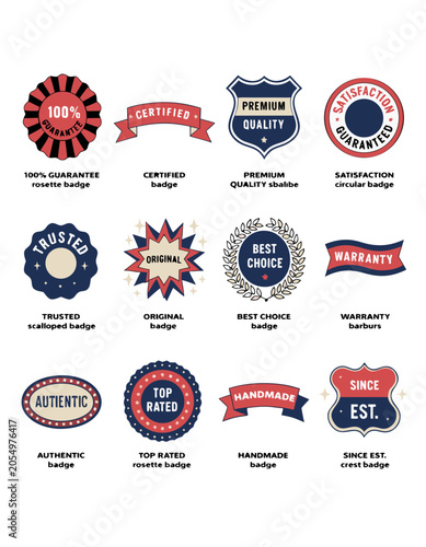 Guarantee and Trust Badge Grid Flat Vector Illustration Vintage Document Stamps and Badges Set with Satisfaction Guaranteed Rosette Premium Quality Shield and Certified Ribbon Isolated Collection for