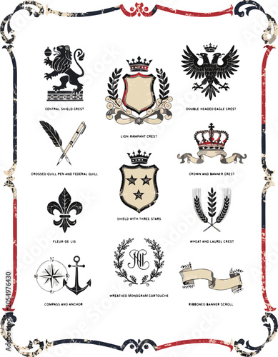 Heraldic Document Crests in Ornate Decorative Frame Flat Vector Illustration Vintage Document Stamps and Badges Set with Lion Rampant Double Headed Eagle Shield Crest and Fleur de Lis Isolated Collect
