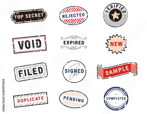 Document Status Stamp Wide Grid Flat Vector Illustration Vintage Stamps and Badges Collection with Approved Rejected Verified and Pending Marks Isolated Set for Marketing Packaging and Presentations