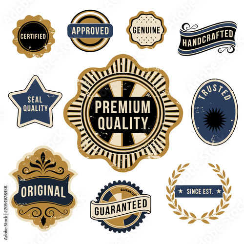 Premium Quality Rosette Hero with Satellite Seals Flat Vector Illustration Vintage Document Stamps and Badges Set with Certified Approved Genuine and Guaranteed Emblems Isolated Collection for Marketi