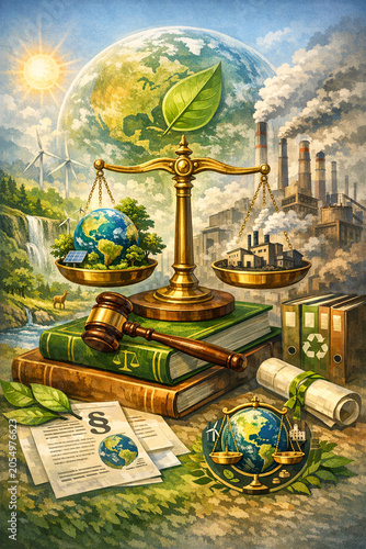 Golden scale balances green planet and factory. Sun shines over globe with leaf. Books, gavel, and scroll surround scene. Falls waterfall near wind turbines. No animals or plants named