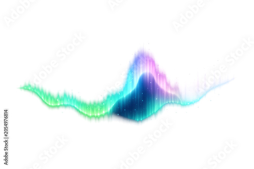 Vibrant abstract design with a rainbow-colored wave and digital noise elements set against a white background.