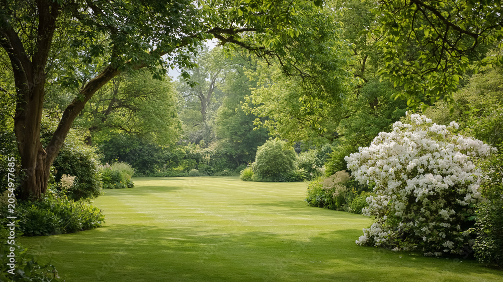 Obraz premium Lush green lawn stretching through a serene park, surrounded by vibrant trees and flowering bushes providing a peaceful escape