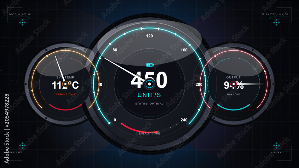 Fototapeta premium Dark telemetry dashboard with three neon circular gauges, system temperature warning, output load meter and central unit display in vector style