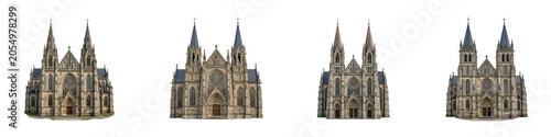 Collection of four identical gothic cathedral building exteriors as PNG isolated on transparent background