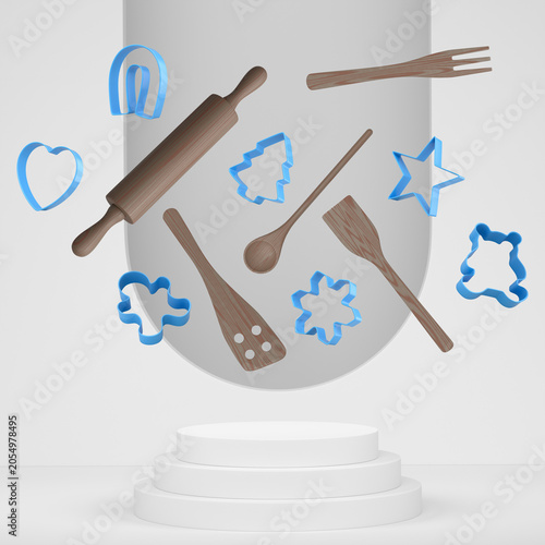 Φωτογραφία Set of baking bowl, cookie cutters, and wooden kitchen utensils suspended mid-ai