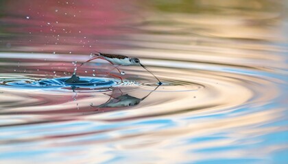 Small bird gracefully dodging ripple on shimmering water surface, capturing its quick reaction