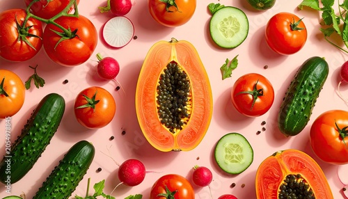 Vibrant Assortment of Fresh Papayas, Tomatoes, Cucumbers, and Radishes.