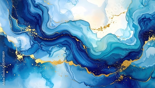 Abstract Blue and Gold Swirling Ink Fluid Art.
