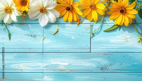 Vibrant Yellow and White Daisies on Rustic Blue Wooden Background.