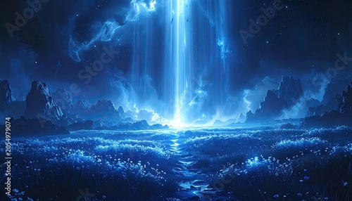 Mysterious Blue Beam of Light Piercing Through Clouds Over Water.