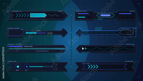 Tableau sur toile Futuristic HUD interface panel set with neon blue progress bars, data readouts,