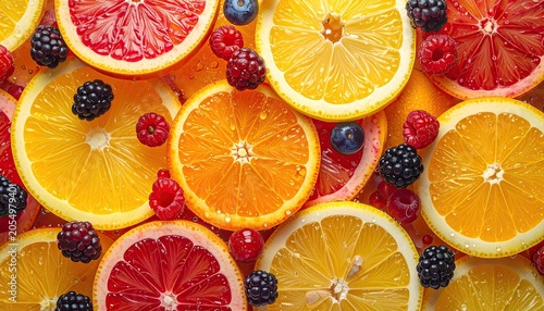 Vibrant Assortment of Fresh Citrus Fruits and Berries Close-Up.