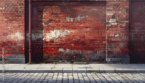 Weathered Red Brick Wall and Cobblestone Street.