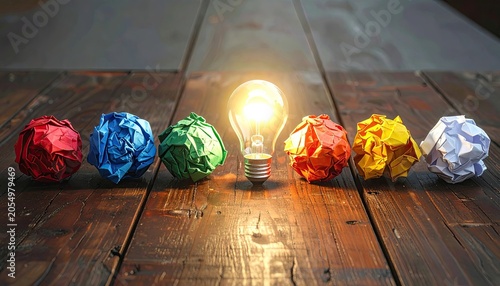 Bright Idea Light Bulb Surrounded by Colorful Crumpled Paper Balls on Wooden Table.