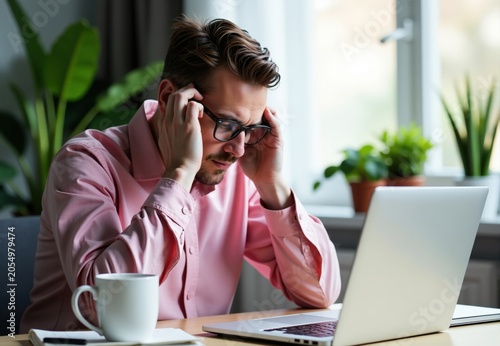 Man in Pink Shirt Using Laptop Computer at Desk