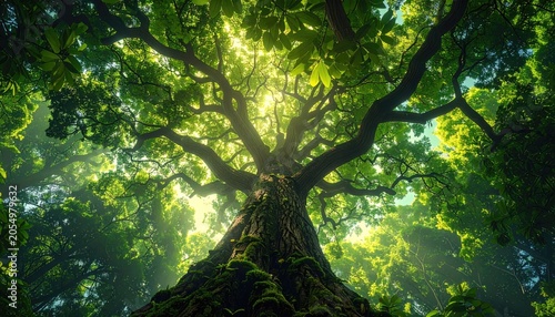 Majestic Ancient Oak Tree Canopy Bathed in Golden Sunlight.