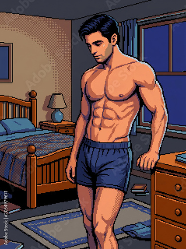 Pixel Art Muscle Man in Bedroom
