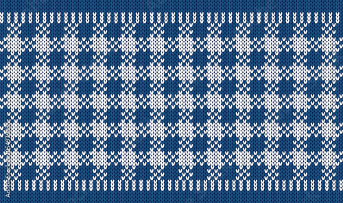 Wrapping blue knitted checkered print. Christmas seamless pattern. Geometric ornament. New year abstract knit plaid texture. Vector illustration. Holiday festive background.