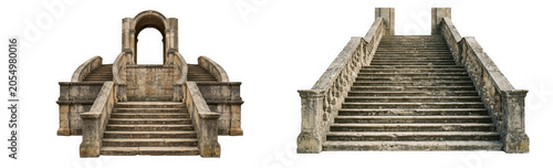 Set of old stone staircases with architectural details as PNG element isolated on transparent background
