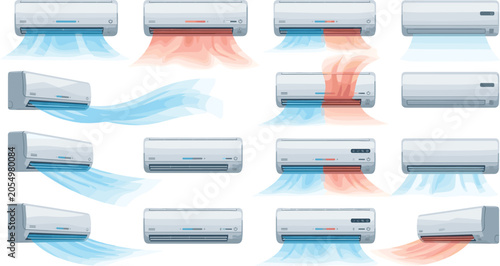Bild auf Leinwand Split system air conditioner vector set with domestic climate control units blowing different blue cold and red hot airflow streams isolated on white background