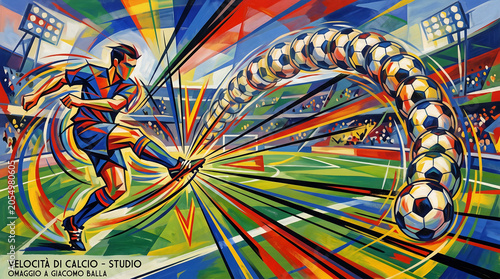 Dynamic digital painting mixing energetic colorful particle trails and speed action waves around a