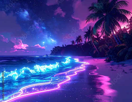 A vibrant beach scene at dusk with neon-lit waves and a starry sky