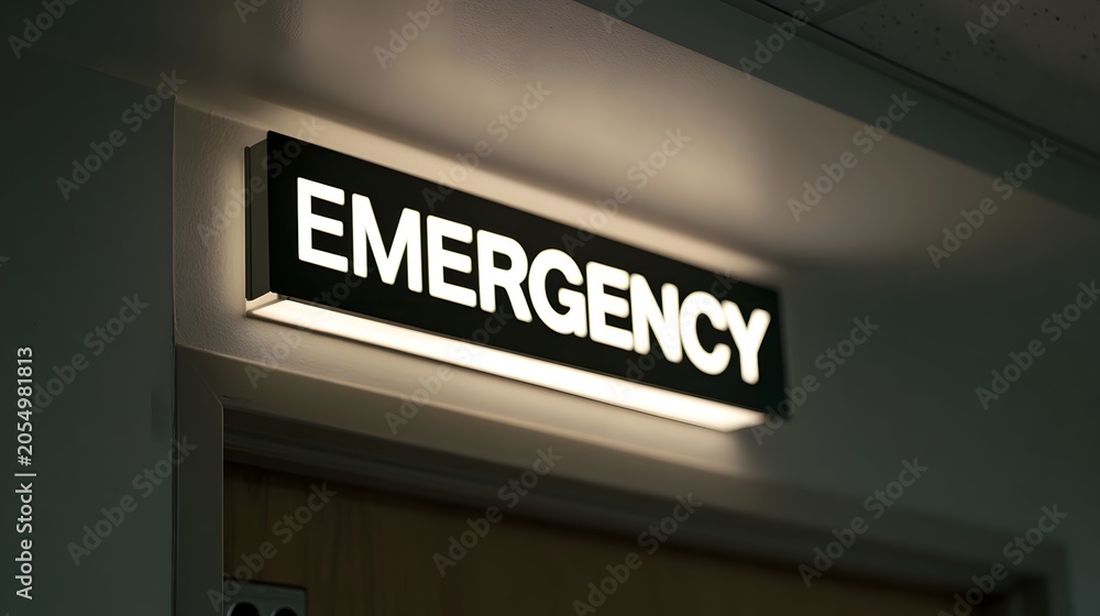Obraz premium A close up shot of a glowing emergency sign mounted on a wooden door frame emphasizing safety and institutional importance
