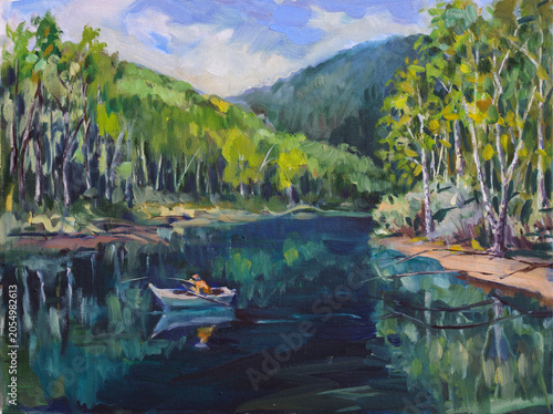 An angler in a boat is fishing in a lake. Oil painting on canvas