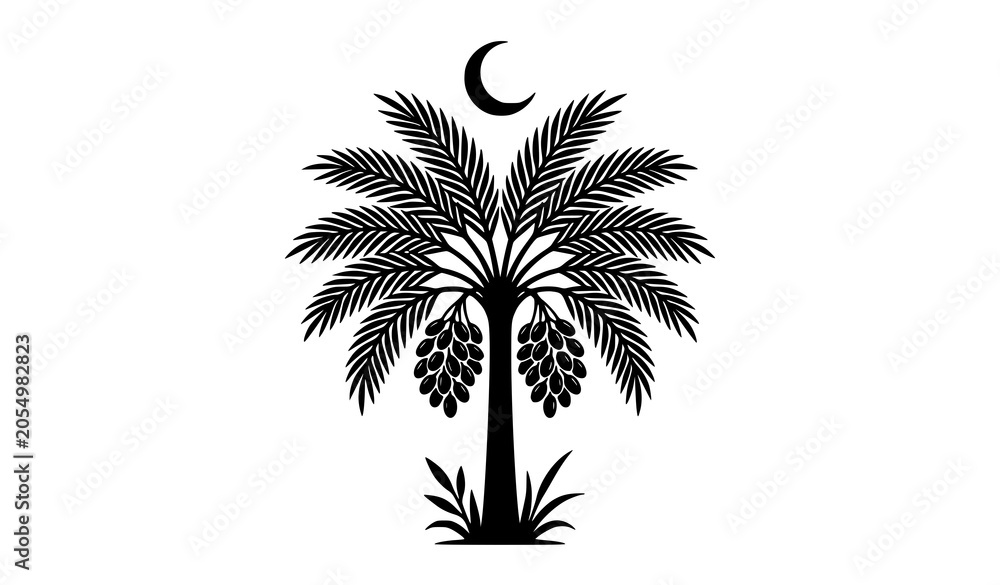 Fototapeta premium Date Palm Tree Outline Vector with Crescent Moon and Hanging Fruit Illustration