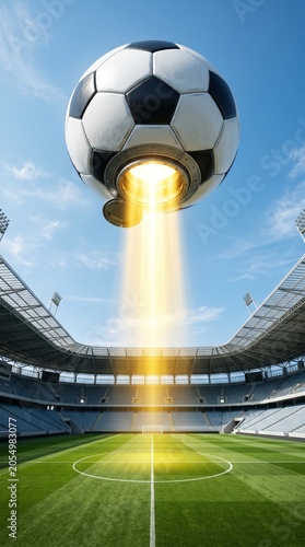 Surreal soccer ball UFO hovering over international stadium with glowing light beam.