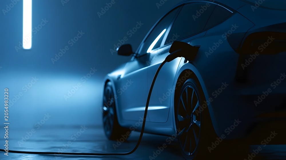 Naklejka premium A modern electric vehicle is shown charging at a futuristic station illuminated by cool blue digital tones