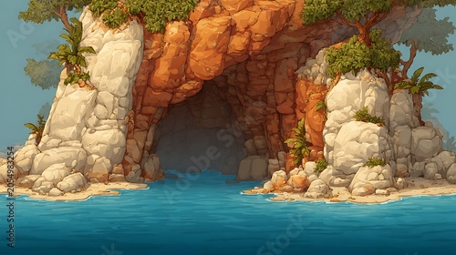 A tropical coastal landscape featuring a rocky cave entrance by the sea.
