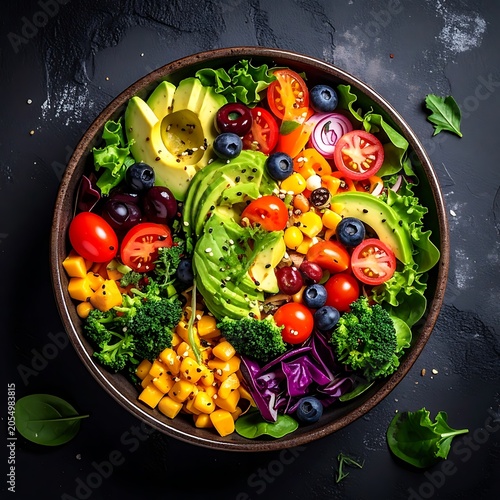 A vibrant bowl of mixed vegetables and fruits